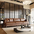 Modern Living Room Interior With Brown Leather Sofa Black Metal Screen Bookshelf And Floor Lamp