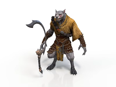 Wolf Like Man Wearing Yellow Cloak Holding Axe With Decorative Outfit 3d model