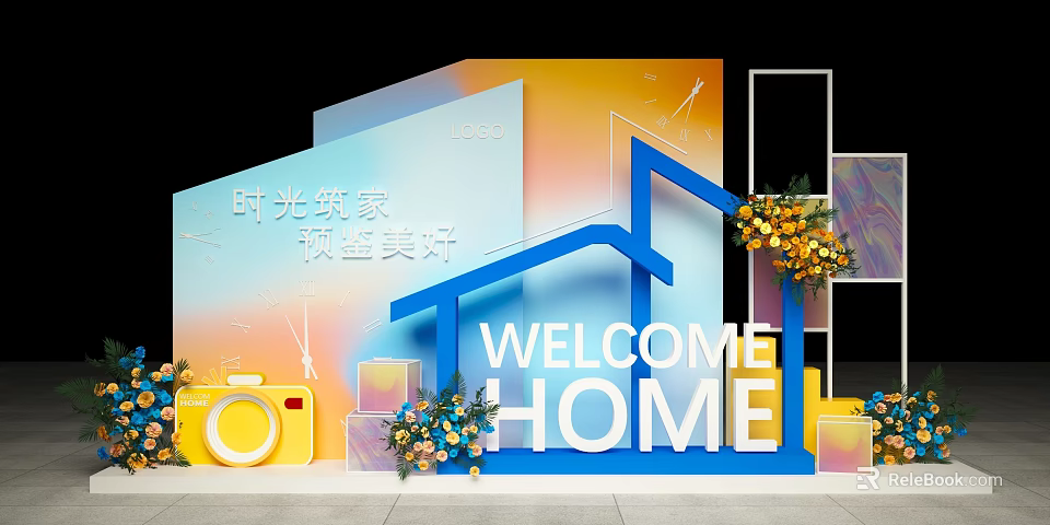 Event Display Wall With Welcome Home Sign Blue House Shape And Flower Decorations 3d model 