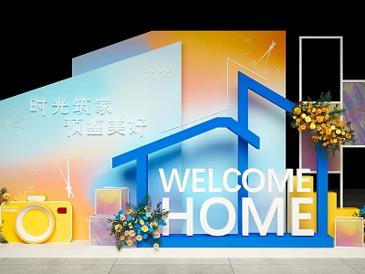 Event Display Wall With Welcome Home Sign Blue House Shape And Flower Decorations 3d model