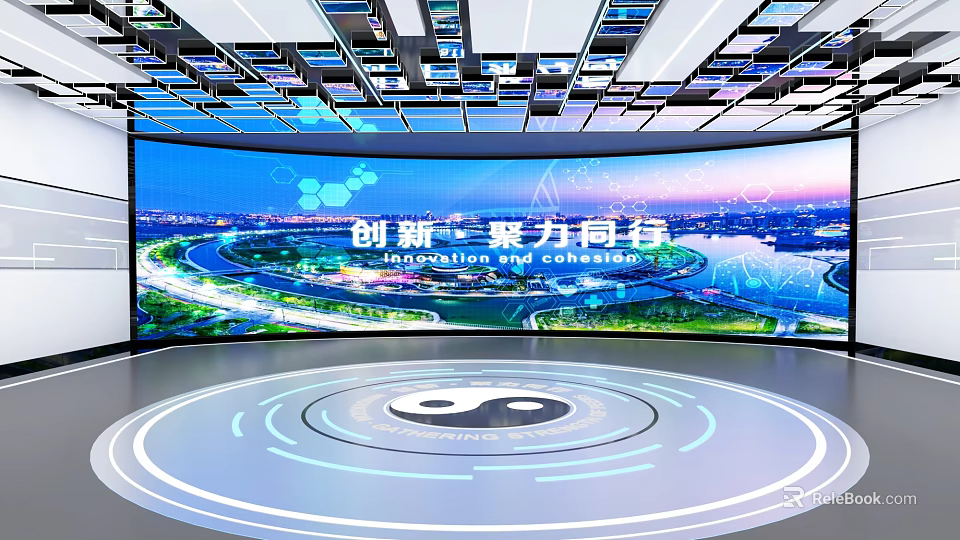 Innovative Tech Venue Featuring Curved Screen Urban Landscape Yin Yang Symbol Circular Floor 3d model 