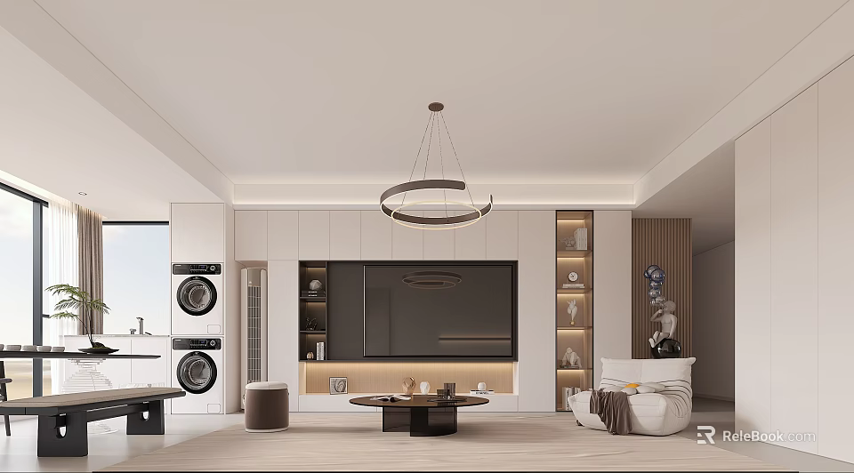 Modern Living And Dining Room Interior With TV Wall Round Chandelier Sofa And Coffee Table 3d model 