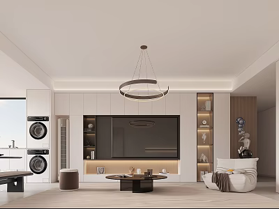 Modern Living And Dining Room Interior With TV Wall Round Chandelier Sofa And Coffee Table 3d model