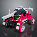 Futuristic Pink And White Car With Black Details Green Lights Rear Spoiler And Large Wheels