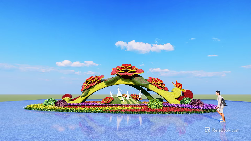 Colorful Flower Bed Flower Pots With Arch Design And Water Reflection Under Blue Sky 3d model 
