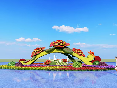 Colorful Flower Bed Flower Pots With Arch Design And Water Reflection Under Blue Sky 3d model