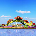 Colorful Flower Bed Flower Pots With Arch Design And Water Reflection Under Blue Sky