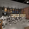 Warm Dessert Shop Interior With Wooden Ceiling Pendant Lights Bread And Pastry Display Cases