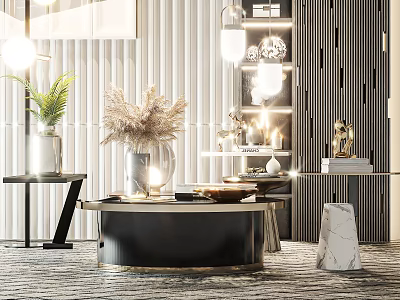 Modern Coffee Table with Black Gold Design Styled with Pampas Grass Vase and Decorative Items 3d model