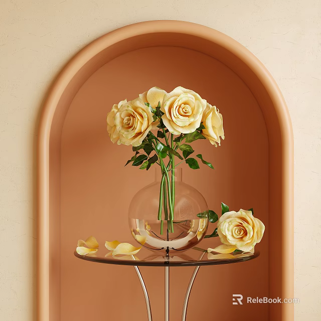 Yellow Roses In Transparent Vase On Glass Table With Arched Background And Scattered Petals 3d model 
