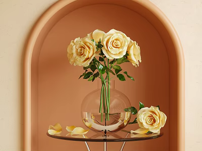 Yellow Roses In Transparent Vase On Glass Table With Arched Background And Scattered Petals 3d model