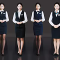 Women in Professional Uniform Standing with Clasped Hands White Shirts Dark Vests Skirts