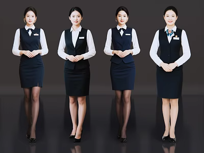 Women in Professional Uniform Standing with Clasped Hands White Shirts Dark Vests Skirts 3d model