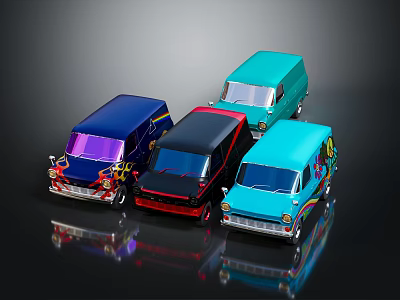 Colorful Cartoon Style Vans In Different Colors With Flame Rainbow Decorations 3d model