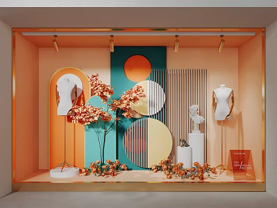 Modern Colorful Window Display With Mannequins Decorative Flowers And Geometric Shapes 3d model
