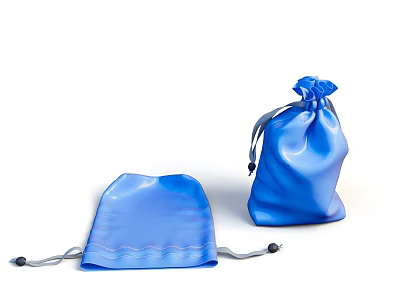 Blue Fabric Drawstring Bags With Two Pieces Open Flat And Closed Design 3d model