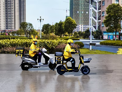 Men Wearing Yellow Uniforms Riding Electric Scooters in City Street with High Rise Buildings 3d model