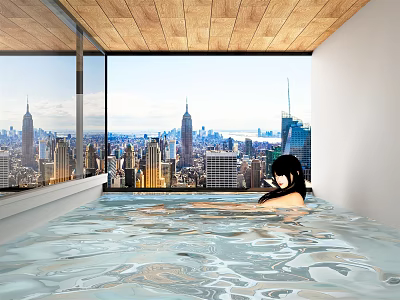Swimming Pool With Wooden Ceiling Large Windows And City Skyline View 3d model