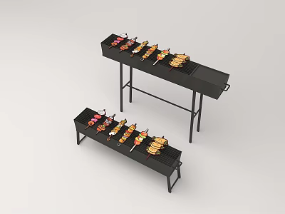 Outdoor Barbecue Grill with Black Metal Frame and Skewers of Grilled Food 3d model