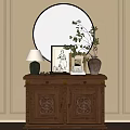 Classic Wooden Entryway Console Cabinet With Round Mirror Table Lamp Vase Green Plant Decorative Items