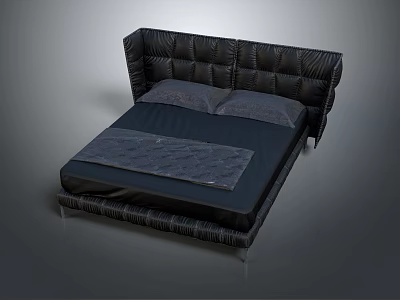 Modern Black Leather Double Bed With Upholstered Headboard Pillows Bed Runner And Metal Legs 3d model