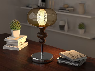 Table Lamp With Wooden Metal Base Transparent Lampshade Warm Light On Desk With Books Succulent 3d model