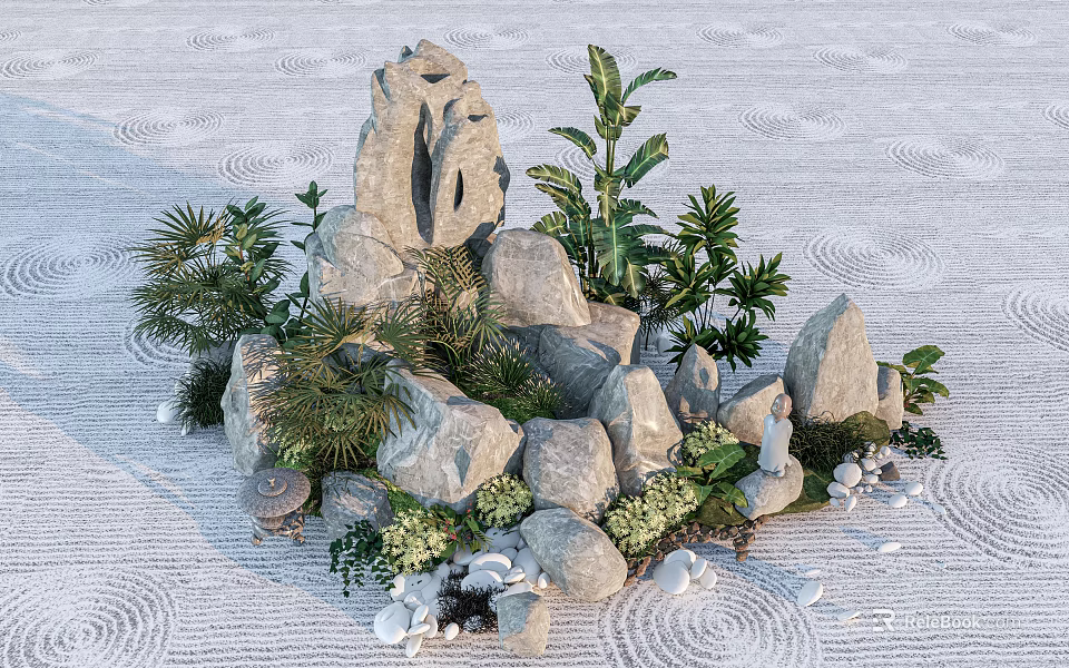 Natural Stone And Wood Garden Decor Arrangement With Green Plants Pebbles And Mushroom Ornaments 3d model 