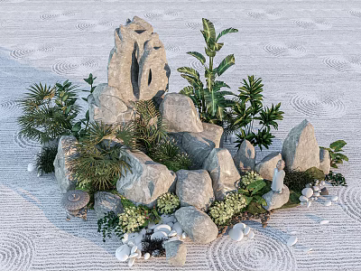 Natural Stone And Wood Garden Decor Arrangement With Green Plants Pebbles And Mushroom Ornaments 3d model
