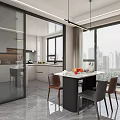 Modern Living and Dining Room With Beige Sofa Round Coffee Table Rug and Floor-to-Ceiling Windows