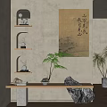 Chinese Style Interior With Calligraphy Scroll Arched Shelves Decorative Figurines And Green Plants