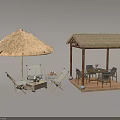Relaxing Outdoor Patio Setup With Thatched Umbrella Pavilion And Wooden Furniture