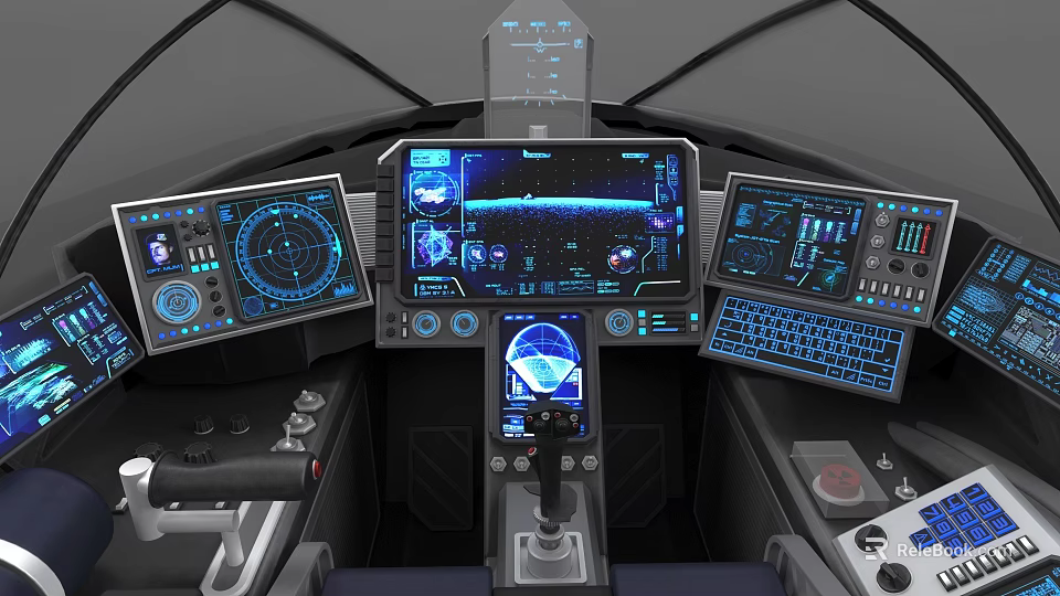 Futuristic Aircraft Cockpit Interior With Multiple Digital Displays And Control Panels 3d model 