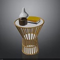 Bamboo Round Side Table With White Conical Vase Brown Mug And Yellow Books