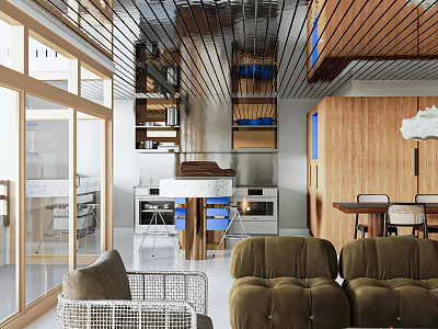 Modern Open Concept Living Dining Room Interior With Sofa Dining Table Chairs And Pendant Lighting 3d model