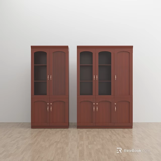 Office Brown Wooden File Cabinets With Upper Glass Doors And Lower Cabinet Doors 3d model 