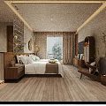 Hotel Room Interior Design With Large Bed Wooden Flooring Curtains Green Plants And Dresser