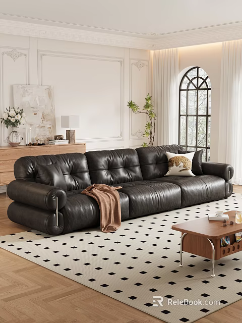 Modern Black Leather Sofa and Wooden Coffee Table Set With Brown Blanket Plant and Window 3d model 
