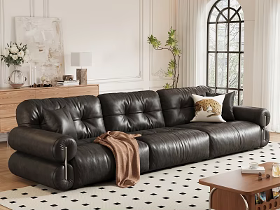 Modern Black Leather Sofa and Wooden Coffee Table Set With Brown Blanket Plant and Window 3d model