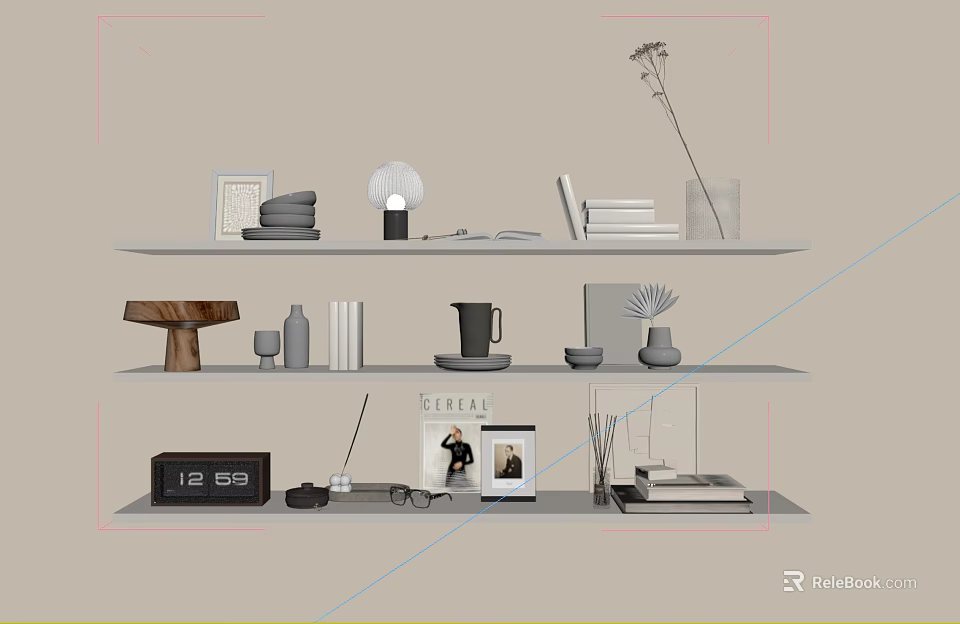 Modern Decorative Ornament Arrangement With Books Photo Frames Lamp Vase And Clock On Shelves 3d model 