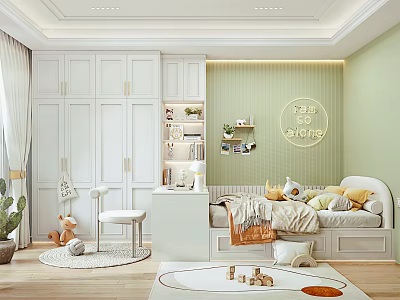 Tatami Bedroom Interior With White Cabinets Bookshelf Green Plants Wall Decor And Stuffed Toys 3d model