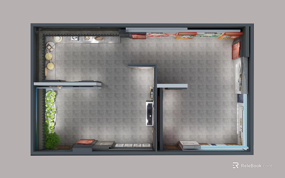 Interior Space Layout Design With Multiple Zones Storage Cabinets Sofa And Green Plants 3d model