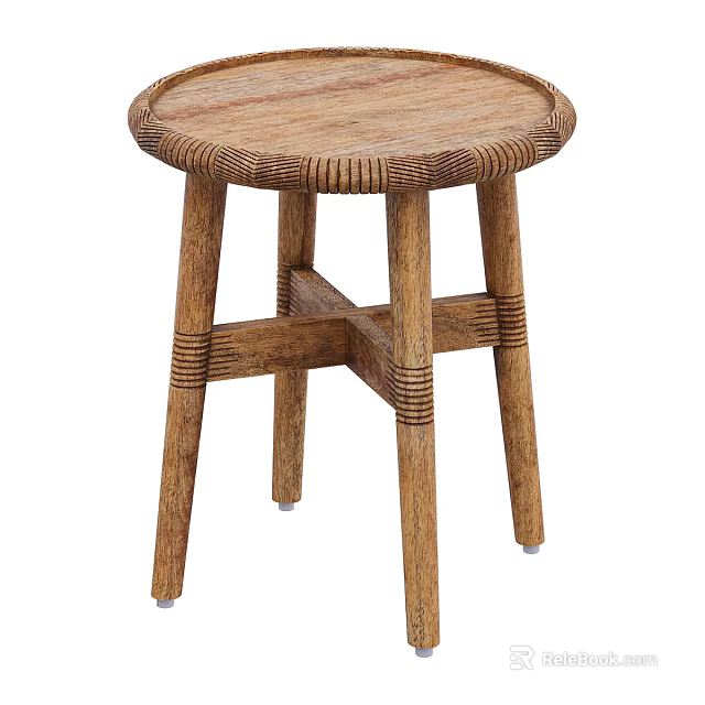 Natural Wooden Stool With Round Seat Woven Edge And Crossed Legs Design 3d model 