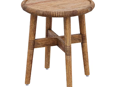Natural Wooden Stool With Round Seat Woven Edge And Crossed Legs Design 3d model