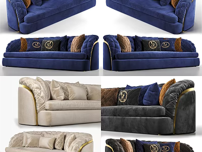 Sectional Velvet Sofa with Multiple Colors Gold Trim and Decorative Cushions 3d model