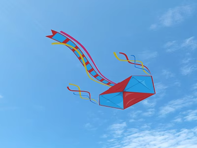 Red And Blue Kite Flying In Blue Sky With White Clouds And Colorful Streamers 3d model