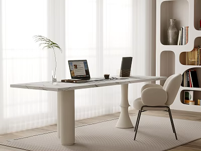 Modern Home Office Workspace With White Desk Laptop Chair And Bookshelf 3d model