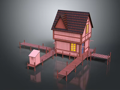 Cartoon Scene With Two Story Pink House Brown Roof Wooden Walkway And Small Shed 3d model