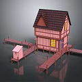 Cartoon Scene With Two Story Pink House Brown Roof Wooden Walkway And Small Shed