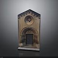 Traditional Architectural Entrance Structure With Arched Door Circular Ornamental Window And Stone Carving Details