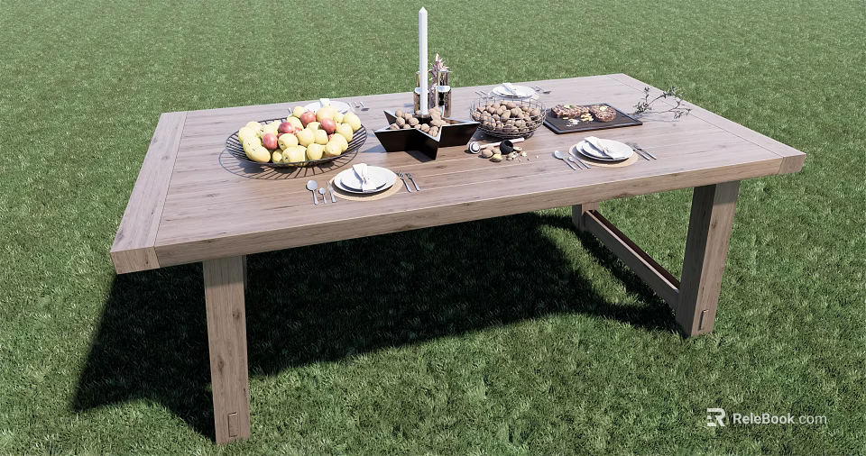Outdoor Wooden Dining Table With Fruit Basket Candle Plates And Cutlery On Grass 3d model 